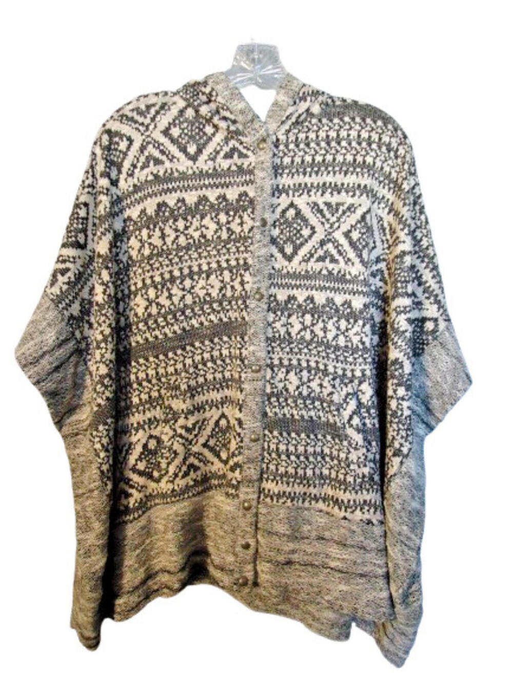Lucky Brand Hooded Poncho Black Beige Tribal Abstract Print Snap Front One Size